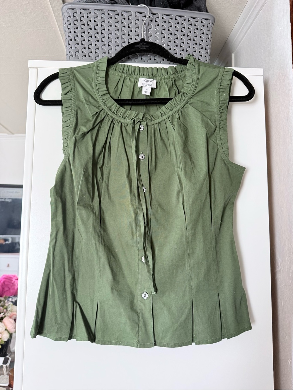 J. Crew Olive Green Sleeveless Ruffle Tie-Neck Blouse - Picture 6 of 7